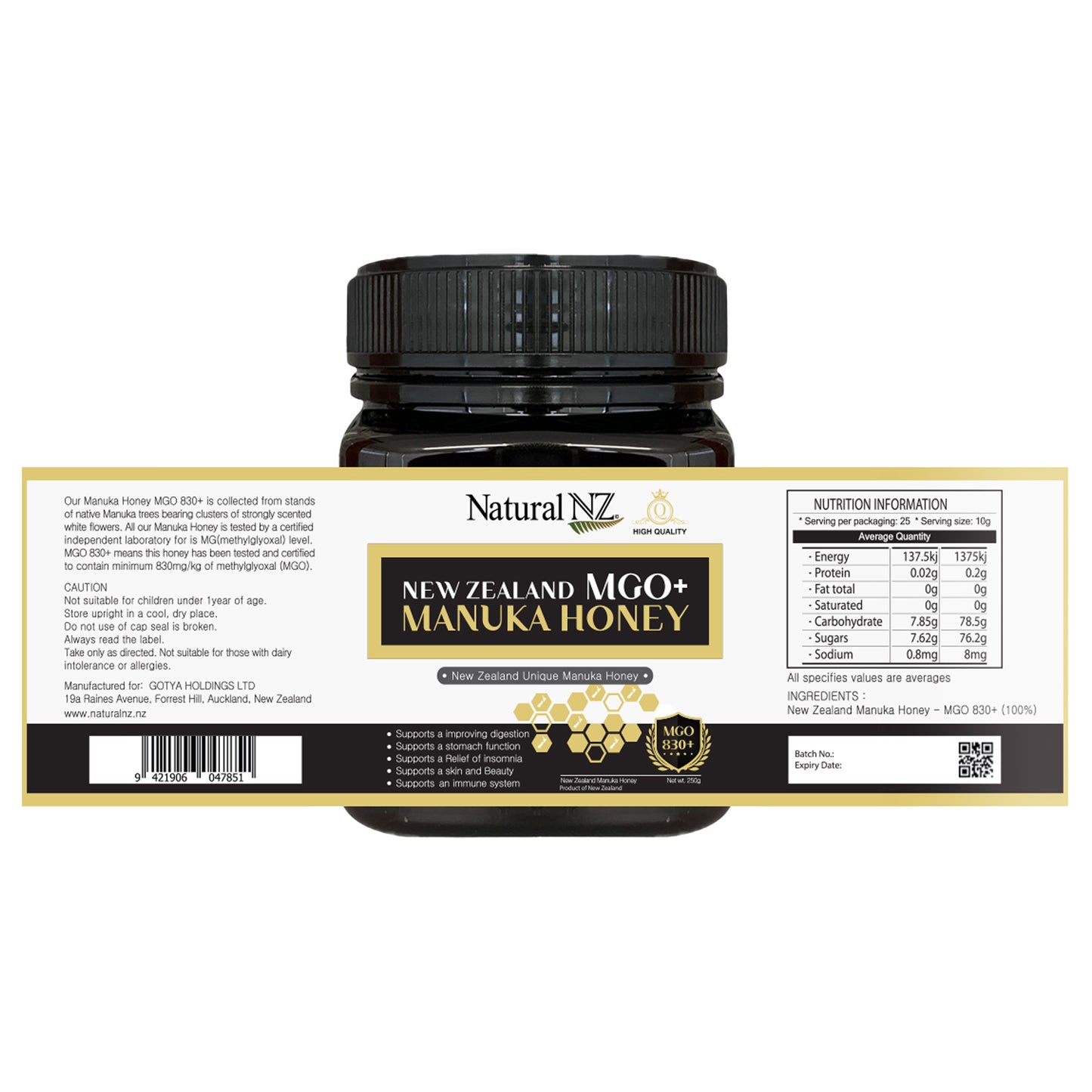 Natural NZ Manuka Honey MGO 830+ 250g